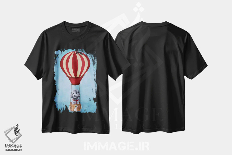 تیشرت مشکی طرح دار پودل با بالن هوای گرم، تزئینی اثر کوکو د پاریس | فروشگاه ایماژ