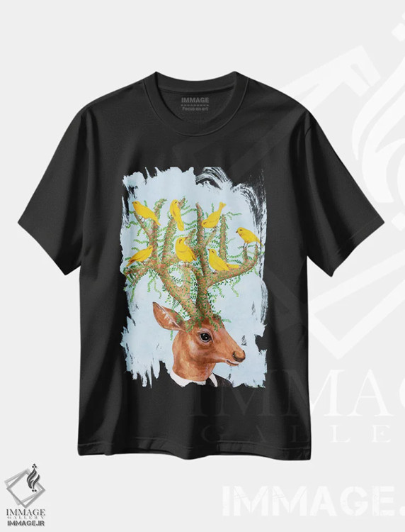 تیشرت مشکی طرح دار گوزن با پرنده های زرد، تزئینی اثر کوکو د پاریس | فروشگاه ایماژ