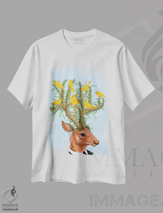 تیشرت سفید طرح دار گوزن با پرنده های زرد، تزئینی اثر کوکو د پاریس | immage.ir