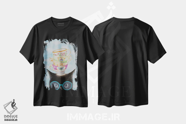تیشرت مشکی طرح دار گربه با فنجان های روی هم، تزئینی اثر کوکو د پاریس | immage.ir