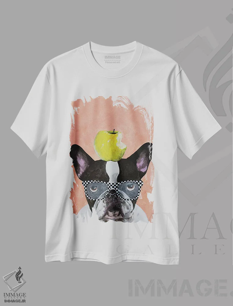 تیشرت سفید طرح دار بولداگ فرانسوی با سیب اثر کوکو د پاریس | فروشگاه ایماژ