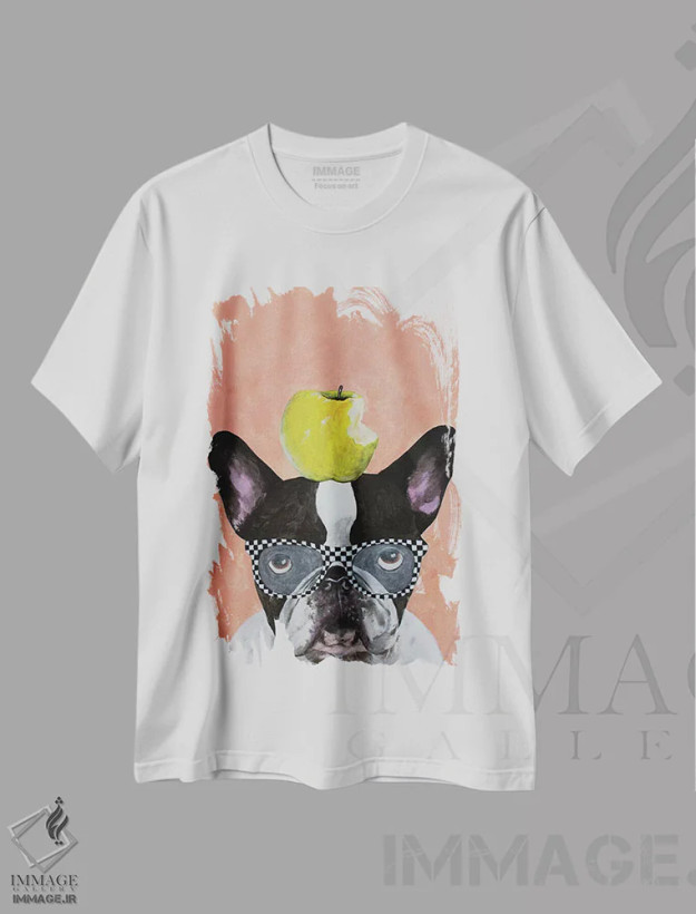 تیشرت سفید طرح دار بولداگ فرانسوی با سیب اثر کوکو د پاریس | فروشگاه ایماژ