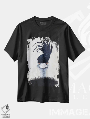تیشرت مشکی طرح دار شترمرغ با کلاه پر اثر کوکو د پاریس | فروشگاه ایماژ