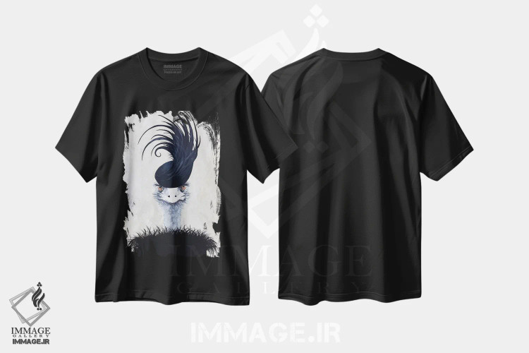 تیشرت مشکی طرح دار شترمرغ با کلاه پر اثر کوکو د پاریس | فروشگاه ایماژ