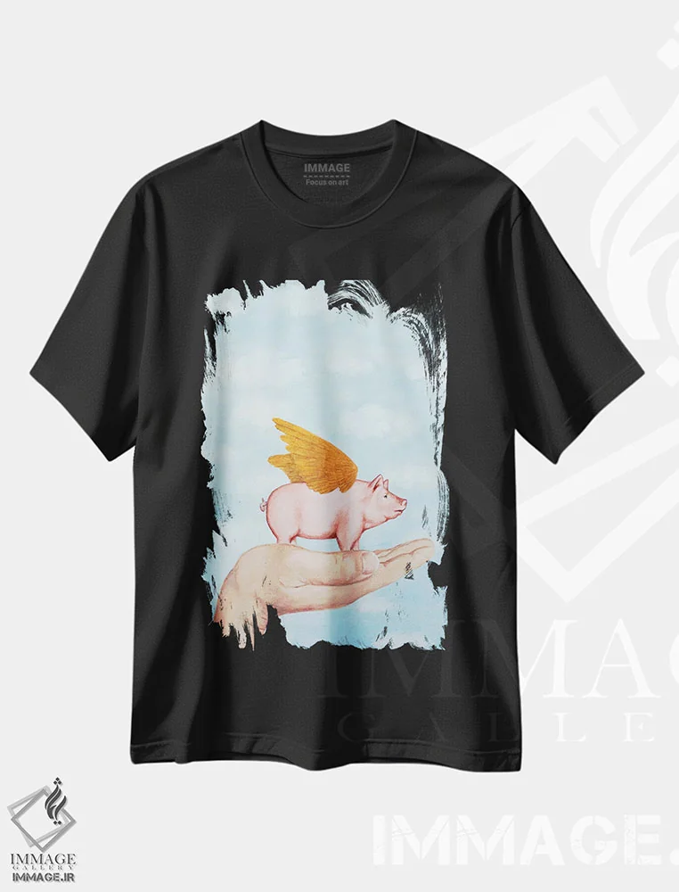 تیشرت مشکی طرح دار خوک با بال های طلایی اثر کوکو د پاریس | فروشگاه ایماژ