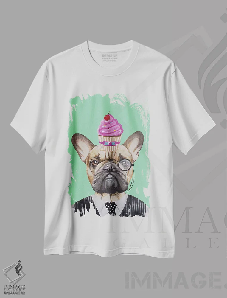 تیشرت سفید طرح دار بولداگ فرانسوی با کیک کوچک اثر کوکو د پاریس | فروشگاه ایماژ