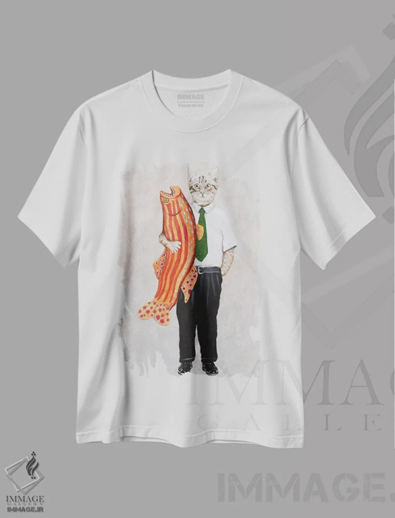 تیشرت سفید طرح دار گربه با ماهی بزرگ، مدیوم اثر کوکو د پاریس | فروشگاه ایماژ