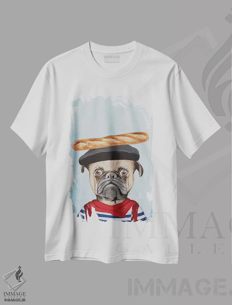تیشرت سفید طرح دار پاگ فرانسوی، مدیوم اثر کوکو د پاریس | immage.ir