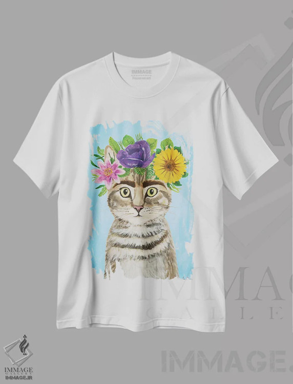 تیشرت سفید طرح دار گربه فریدا کالو آبی، تزئینی اثر کوکو د پاریس | فروشگاه ایماژ