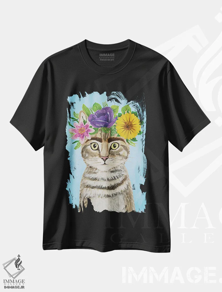 تیشرت مشکی طرح دار گربه فریدا کالو آبی، تزئینی اثر کوکو د پاریس | immage.ir
