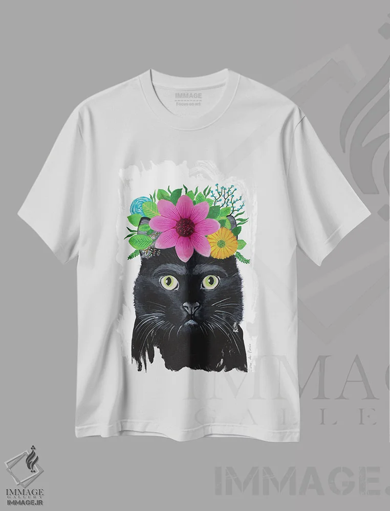 تیشرت سفید طرح دار گربه سیاه فریدا کالو، تزئینی اثر کوکو د پاریس | فروشگاه ایماژ