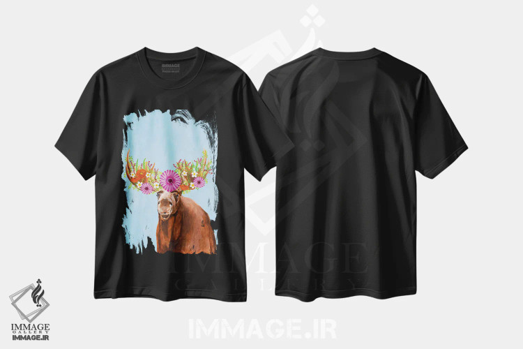 تیشرت مشکی طرح دار گوزن شمالی فریدا کالو، تزئینی اثر کوکو د پاریس | فروشگاه ایماژ