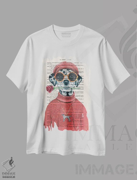 تیشرت سفید طرح دار سگ دالماتین با گل قرمز، تزئینی اثر کوکو د پاریس | فروشگاه ایماژ