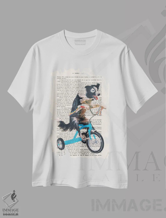 تیشرت سفید طرح دار سگ کوچک روی دوچرخه، تزئینی اثر کوکو د پاریس | فروشگاه ایماژ
