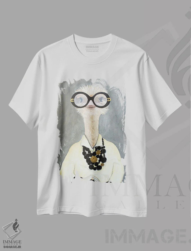 تیشرت سفید طرح دار شترمرغ ایرس اپفل، تزئینی اثر کوکو د پاریس | فروشگاه ایماژ