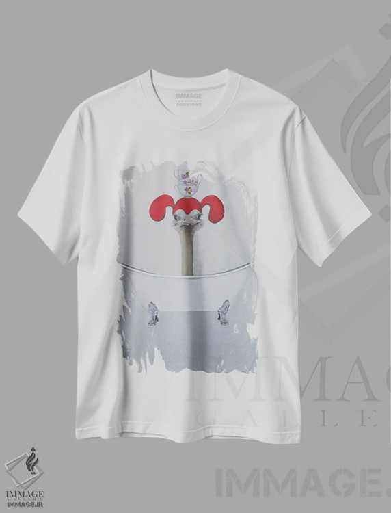 تیشرت سفید طرح دار شترمرغ در وان حمام، دکور معاصر اثر کوکو د پاریس | فروشگاه ایماژ