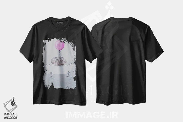 تیشرت مشکی طرح دار فیل با آدامس بادکنکی در وان حمام، دکور معاصر اثر کوکو د پاریس | فروشگاه ایماژ
