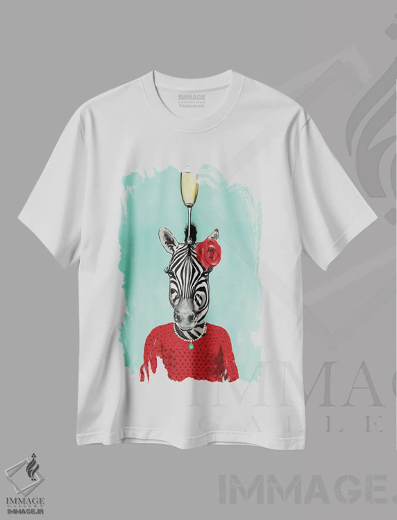 تیشرت سفید طرح دار گورخر با جام شامپاین، مدیوم اثر کوکو د پاریس | immage.ir