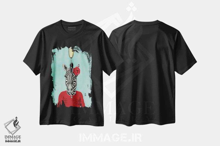 تیشرت مشکی طرح دار گورخر با جام شامپاین، مدیوم اثر کوکو د پاریس | فروشگاه ایماژ