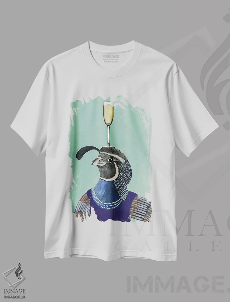 تیشرت سفید طرح دار بلدرچین با جام شامپاین، مدیوم اثر کوکو د پاریس | فروشگاه ایماژ