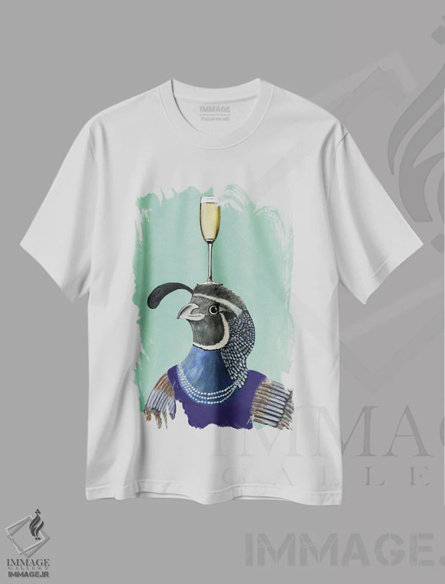 تیشرت سفید طرح دار بلدرچین با جام شامپاین، مدیوم اثر کوکو د پاریس | فروشگاه ایماژ