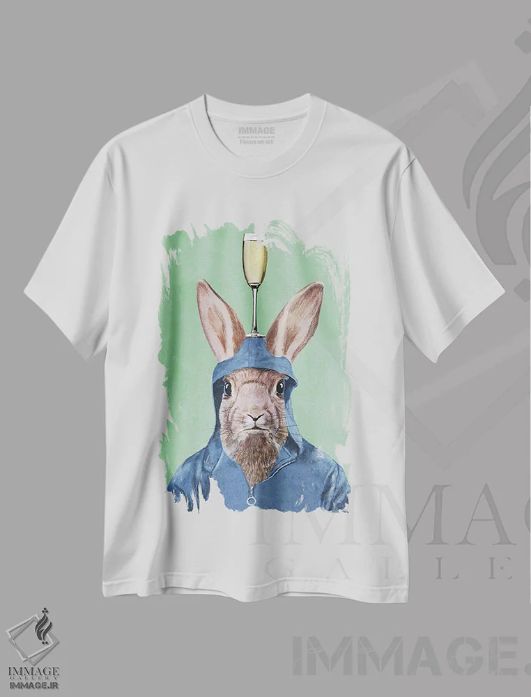 تیشرت سفید طرح دار خرگوش با جام شامپاین، دکور معاصر اثر کوکو د پاریس | immage.ir