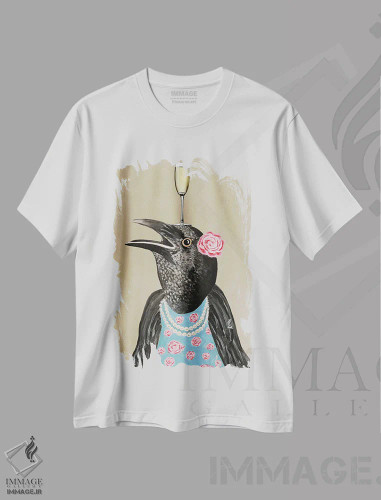 تیشرت سفید طرح دار کلاغ با جام شامپاین، دکور معاصر اثر کوکو د پاریس | فروشگاه ایماژ