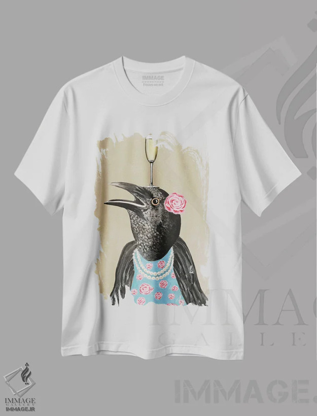 تیشرت سفید طرح دار کلاغ با جام شامپاین، دکور معاصر اثر کوکو د پاریس | فروشگاه ایماژ