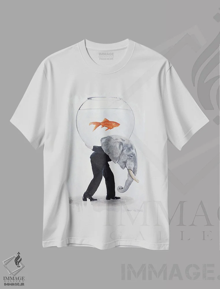 تیشرت سفید طرح دار فیل حمل کنندهٔ تنگ ماهی، مدیوم اثر کوکو د پاریس | فروشگاه ایماژ