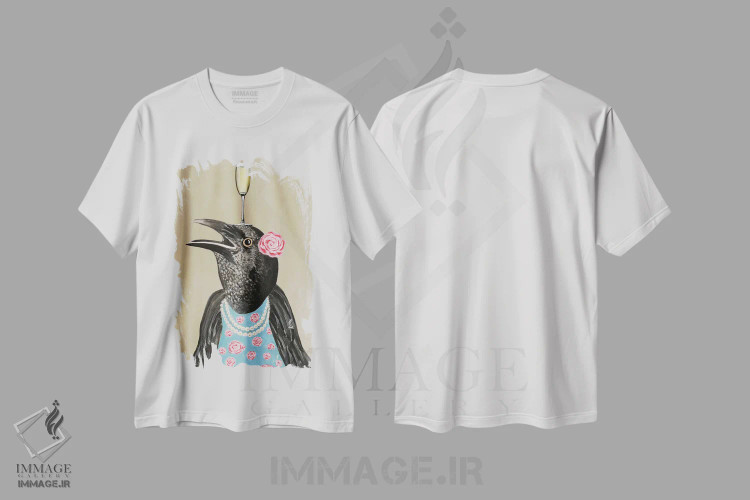 تیشرت سفید طرح دار کلاغ با جام شامپاین، دکور معاصر اثر کوکو د پاریس | فروشگاه ایماژ