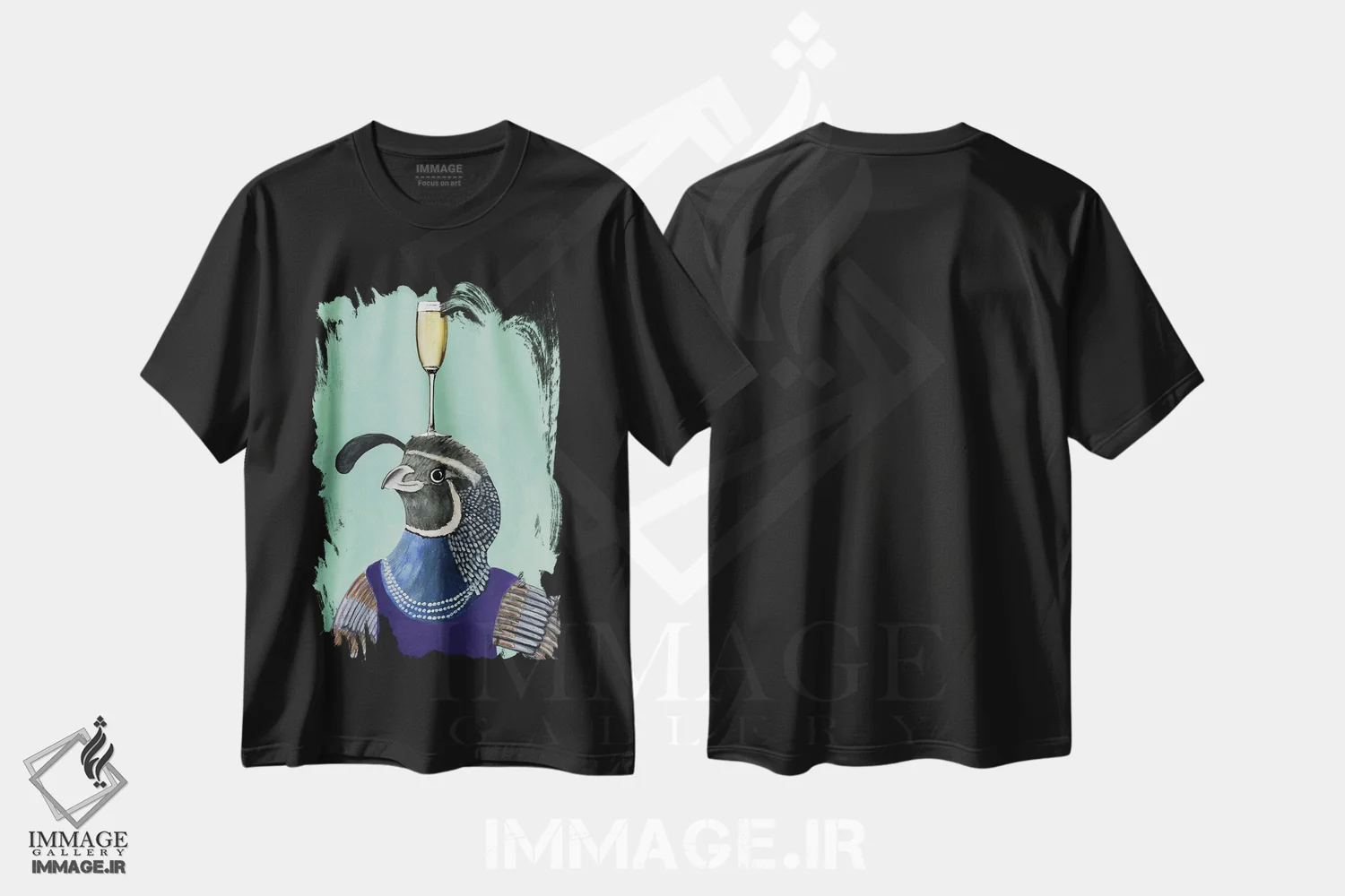 تیشرت مشکی طرح دار بلدرچین با جام شامپاین، مدیوم اثر کوکو د پاریس | immage.ir