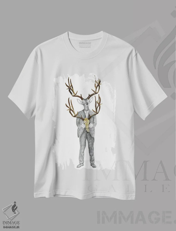 تیشرت سفید طرح دار گوزن با جمجمهٔ گوزن، دست نقاشی و طراحی دستی اثر کوکو د پاریس | immage.ir