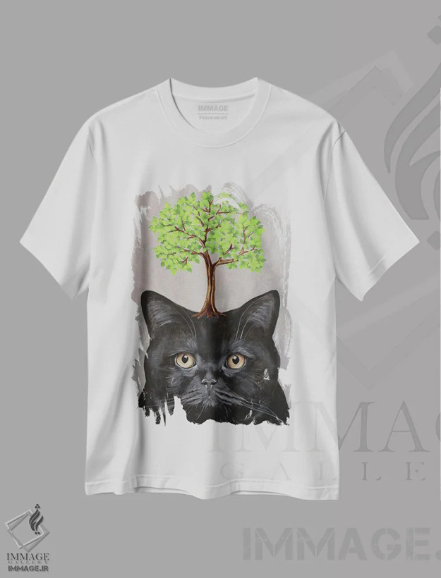 تیشرت سفید طرح دار گربه سیاه با درخت، مدیوم اثر کوکو د پاریس | فروشگاه ایماژ