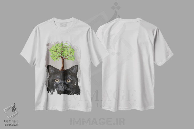 تیشرت سفید طرح دار گربه سیاه با درخت، مدیوم اثر کوکو د پاریس | فروشگاه ایماژ