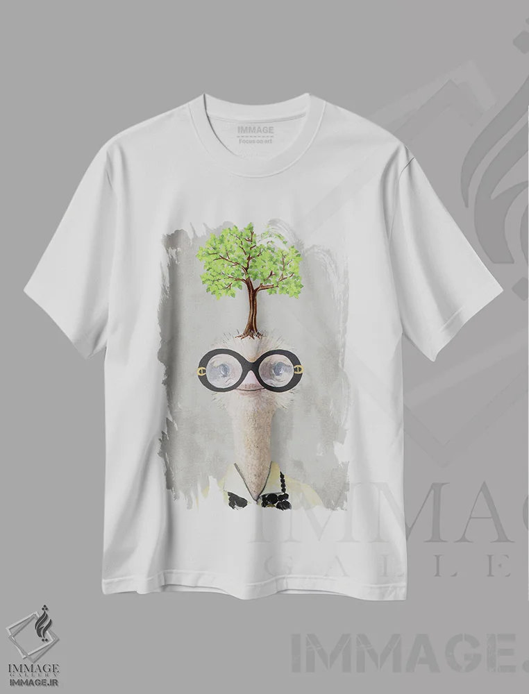 تیشرت سفید طرح دار شترمرغ ایرس اپفل با یک درخت، مدیوم اثر کوکو د پاریس | immage.ir