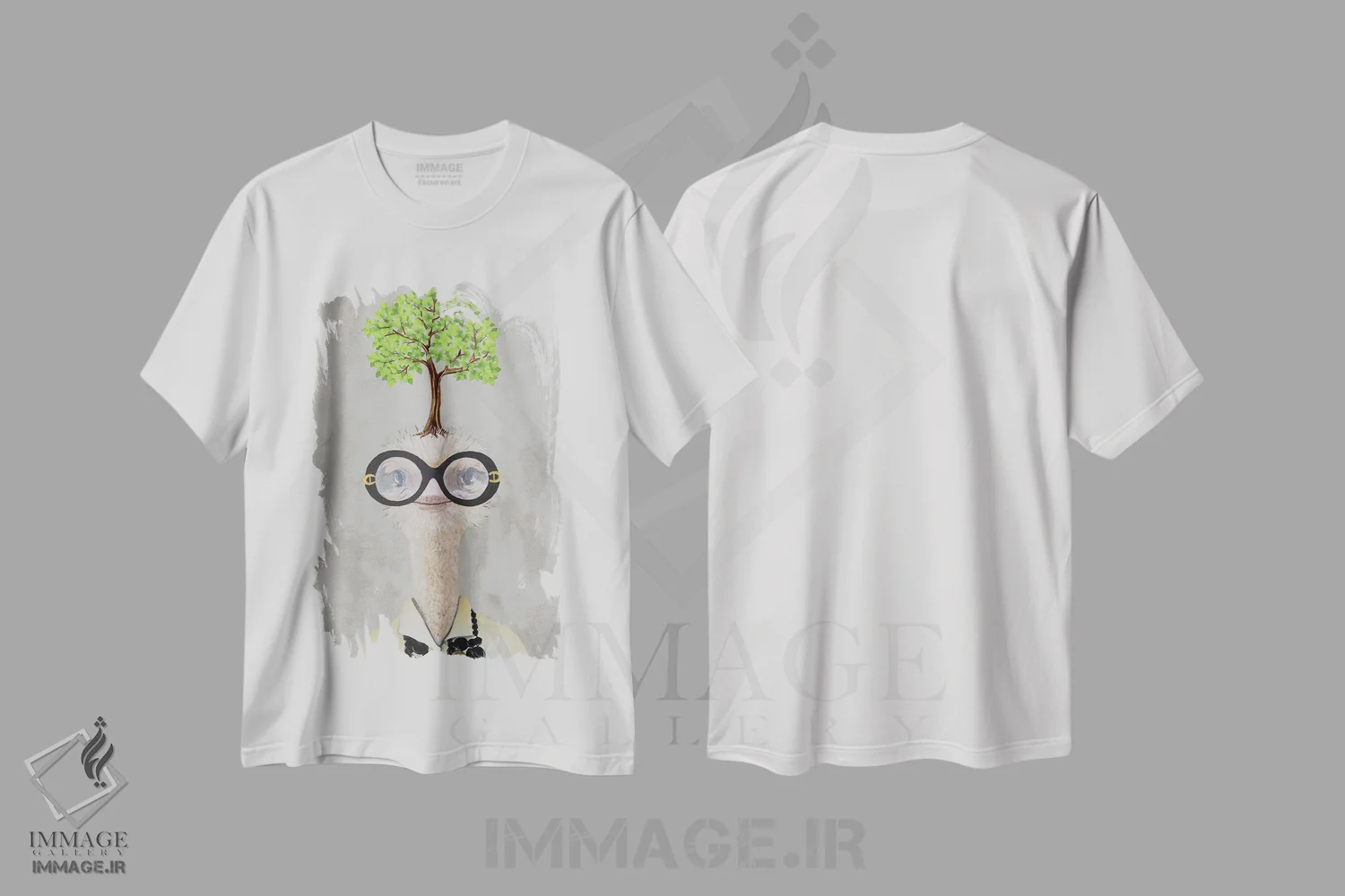 تیشرت سفید طرح دار شترمرغ ایرس اپفل با یک درخت، مدیوم اثر کوکو د پاریس | immage.ir