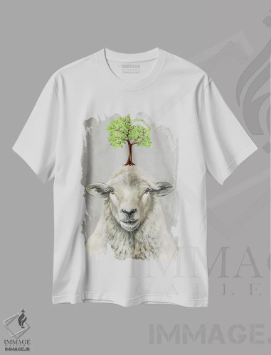 تیشرت سفید طرح دار گوسفند با یک درخت، دکور روستایی اثر کوکو د پاریس | فروشگاه ایماژ
