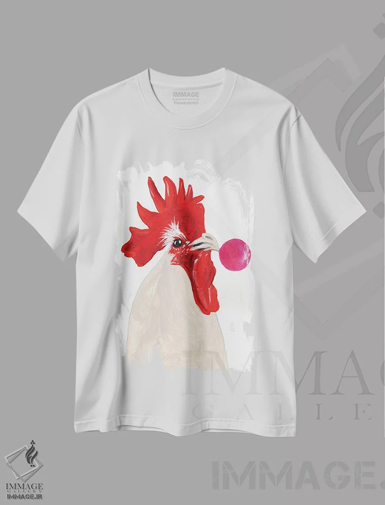 تیشرت سفید طرح دار خروس با آدامس بادکنکی، دکور روستایی اثر کوکو د پاریس | فروشگاه ایماژ