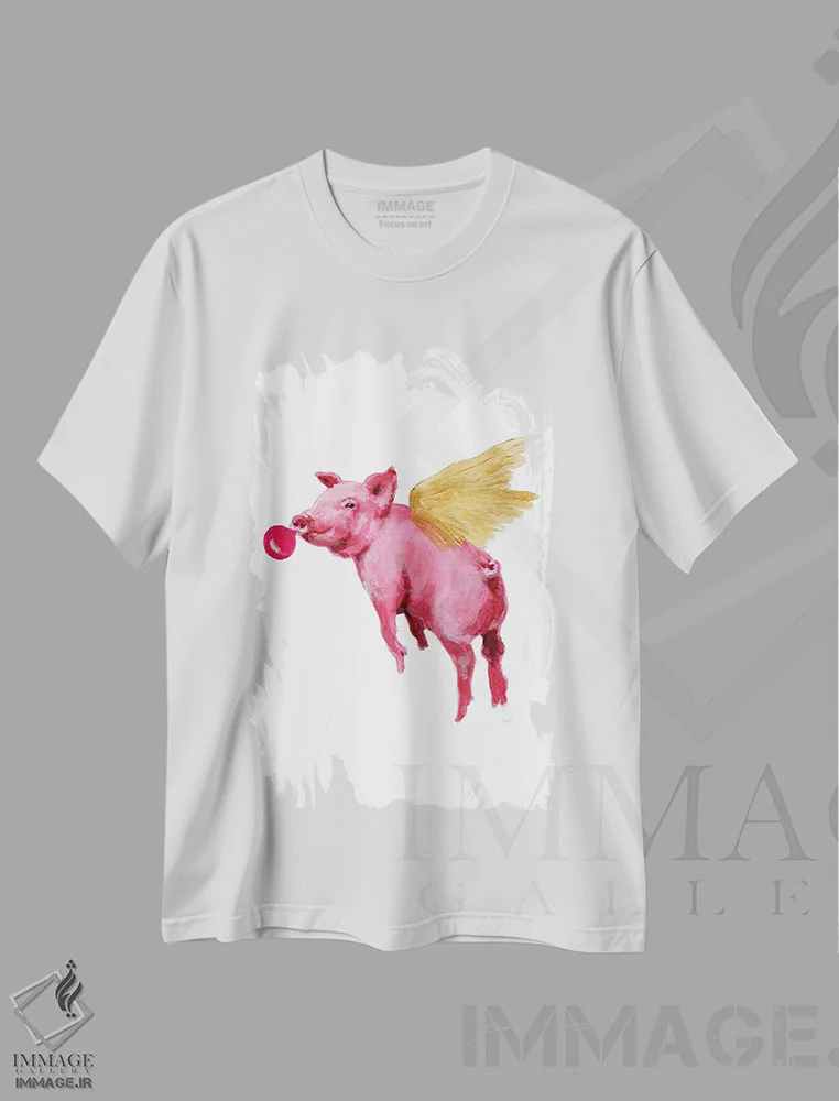 تیشرت سفید طرح دار خوک پرنده با آدامس بادکنکی، مدیوم اثر کوکو د پاریس | immage.ir