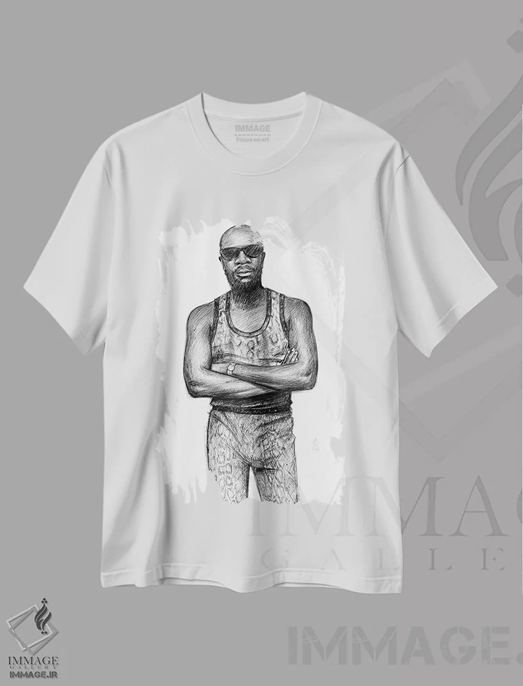تیشرت سفید طرح دار آیزاک هیز، نقاشی و تصویرگری سیاه و سفید اثر کریستین پانی آگوا | immage.ir