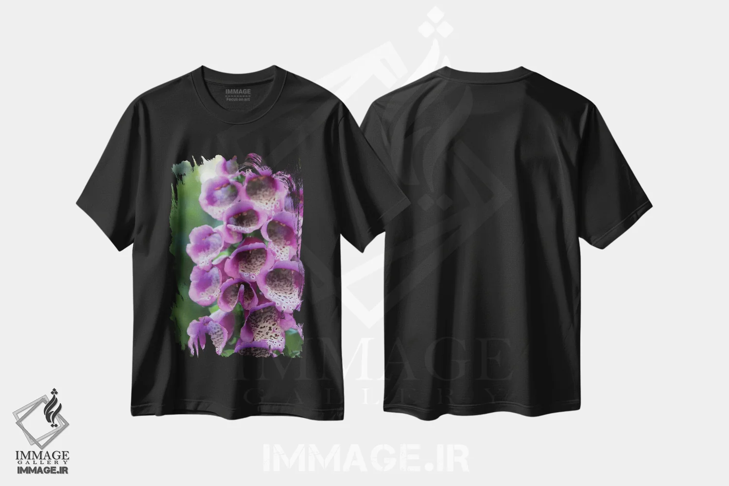 تیشرت مشکی طرح دار گل آویز بنفش، مدیوم اثر آنا کوپل | immage.ir