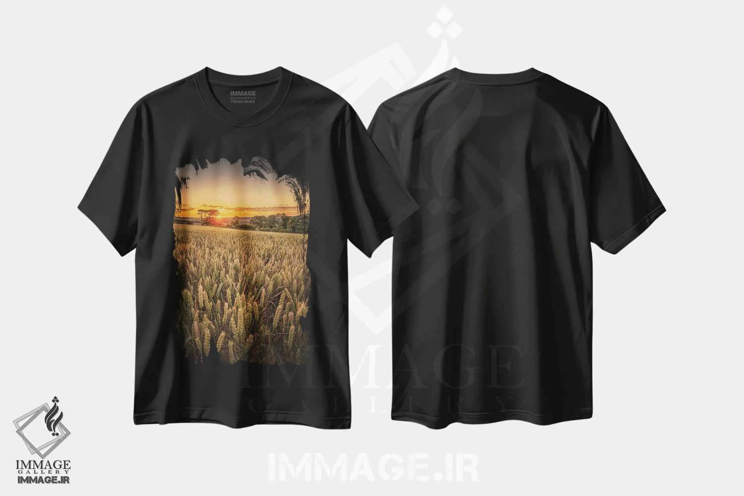 تیشرت مشکی طرح دار غروب در مزرعه گندم، عکاسی هنری فاخر اثر چاد پاول | فروشگاه ایماژ