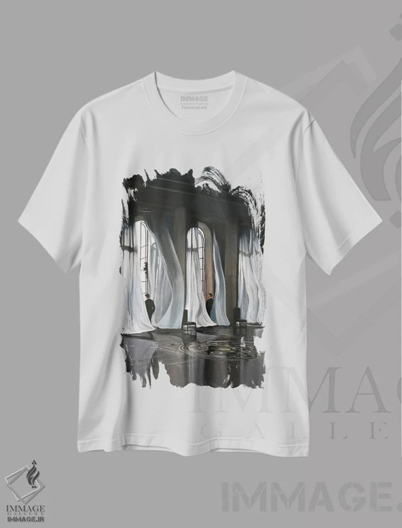 تیشرت سفید طرح دار پرچم های کم رنگ، هنر تزئینی سیاه و سفید اثر شارلوت پی. | فروشگاه ایماژ