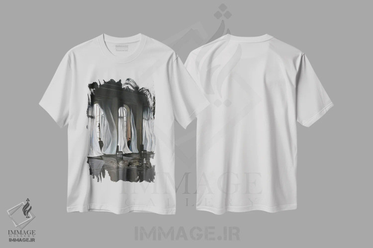 تیشرت سفید طرح دار پرچم های کم رنگ، هنر تزئینی سیاه و سفید اثر شارلوت پی. | فروشگاه ایماژ