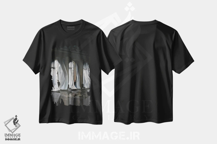 تیشرت مشکی طرح دار پرچم های کم رنگ، هنر تزئینی سیاه و سفید اثر شارلوت پی. | immage.ir