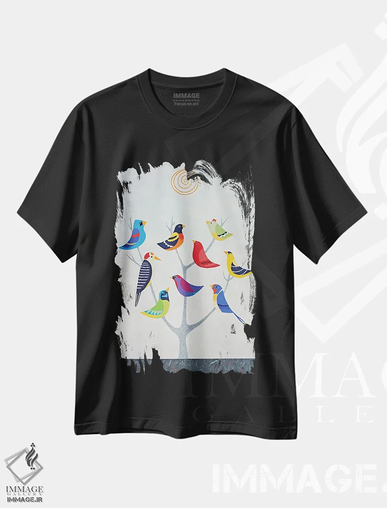 تیشرت مشکی طرح دار درخت پرنده دو، دکور معاصر اثر کیسی کریگ | فروشگاه ایماژ