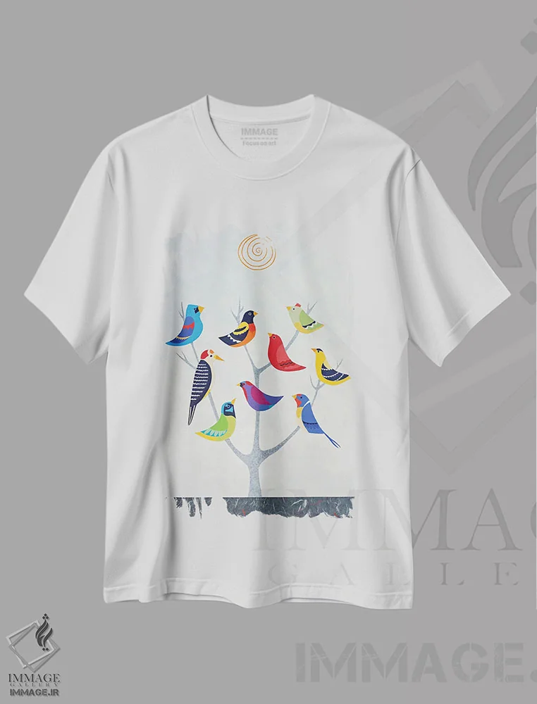 تیشرت سفید طرح دار درخت پرنده دو، دکور معاصر اثر کیسی کریگ | immage.ir