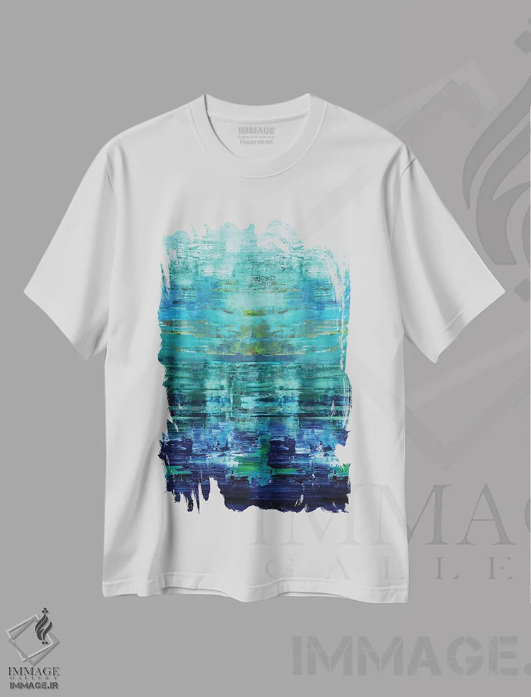 تیشرت سفید طرح دار انعکاس های آبی اثر آلی کوربین | فروشگاه ایماژ