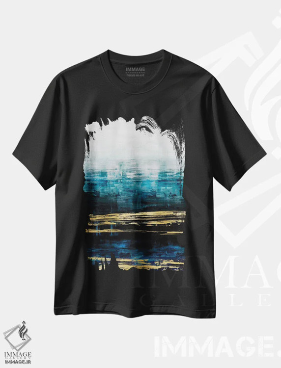 تیشرت مشکی طرح دار انعکاس های آبی با طلایی اثر آلی کوربین | فروشگاه ایماژ