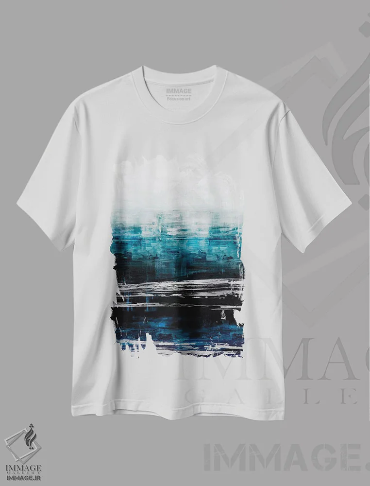 تیشرت سفید طرح دار انعکاس های آبی با نقره ای اثر آلی کوربین | فروشگاه ایماژ